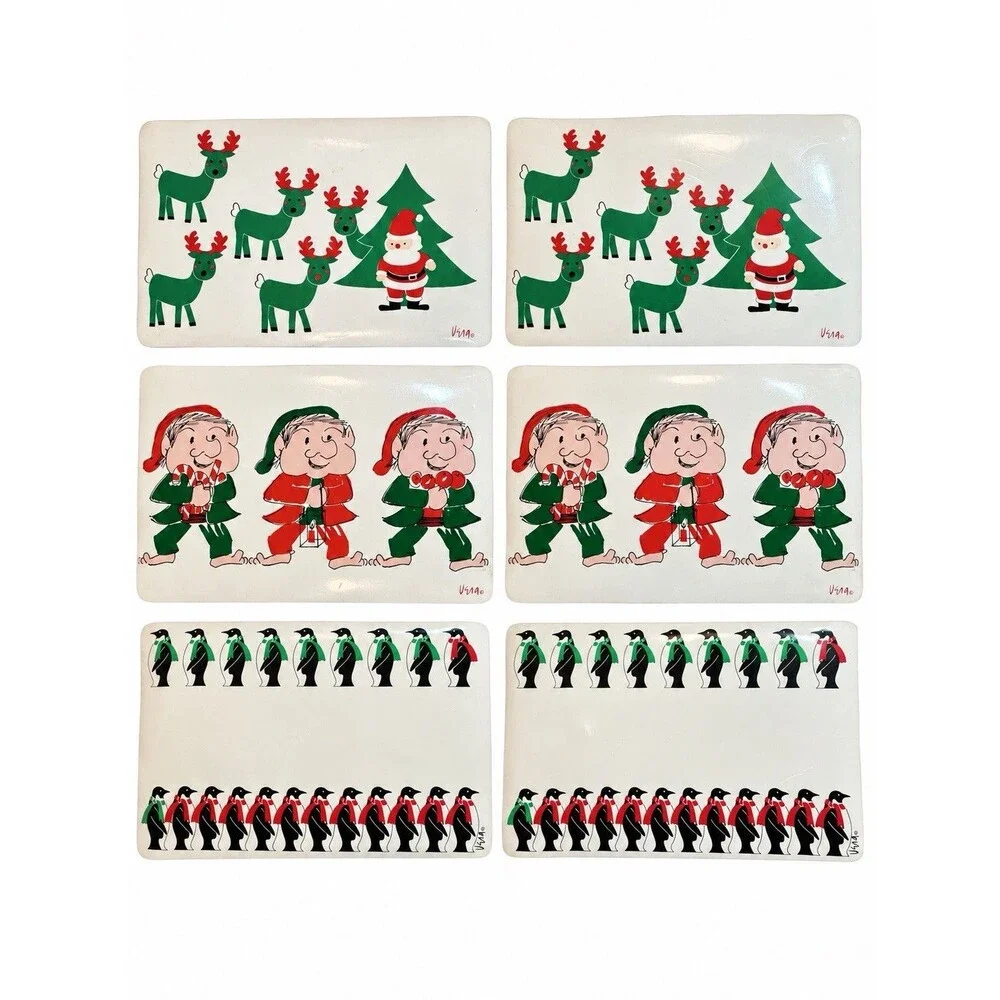 Vintage Vera Neumann Christmas Placemats Lot of 6 Santa Elves Penguins Vinyl